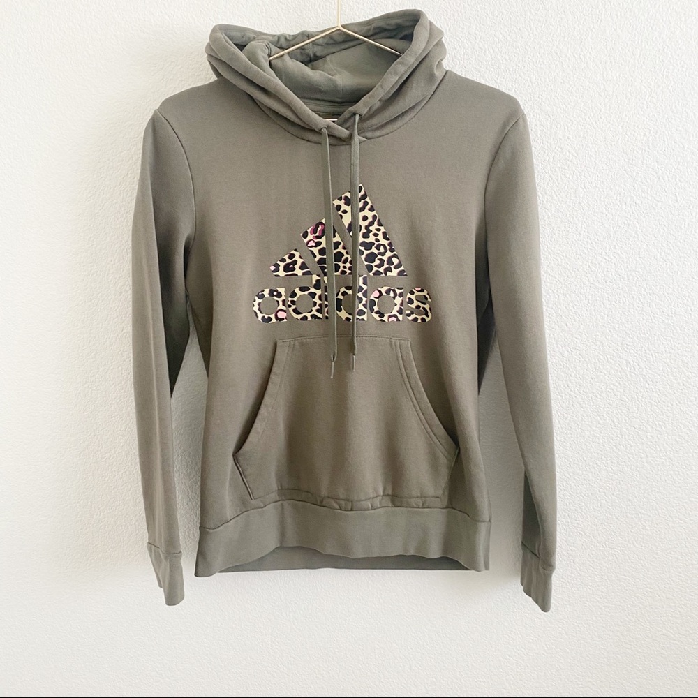 Adidas Army Green Hoodie with Pink Leopard Print Logo Hooded Sweater Medium
